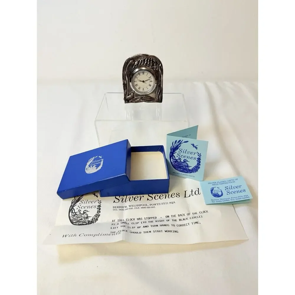 Silver Scenes Silverplated Mini Clock with Bird and Blue Bells